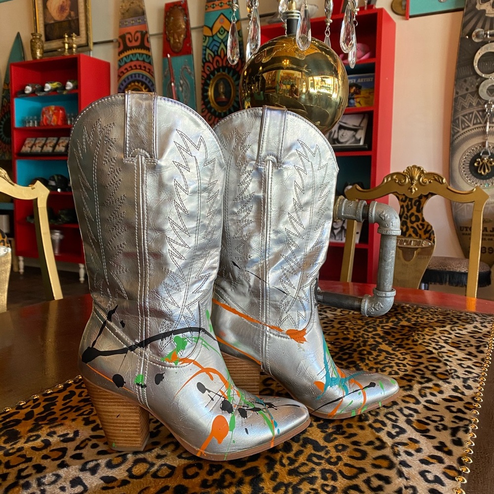Silver High Heeled Hand Painted Western Boots